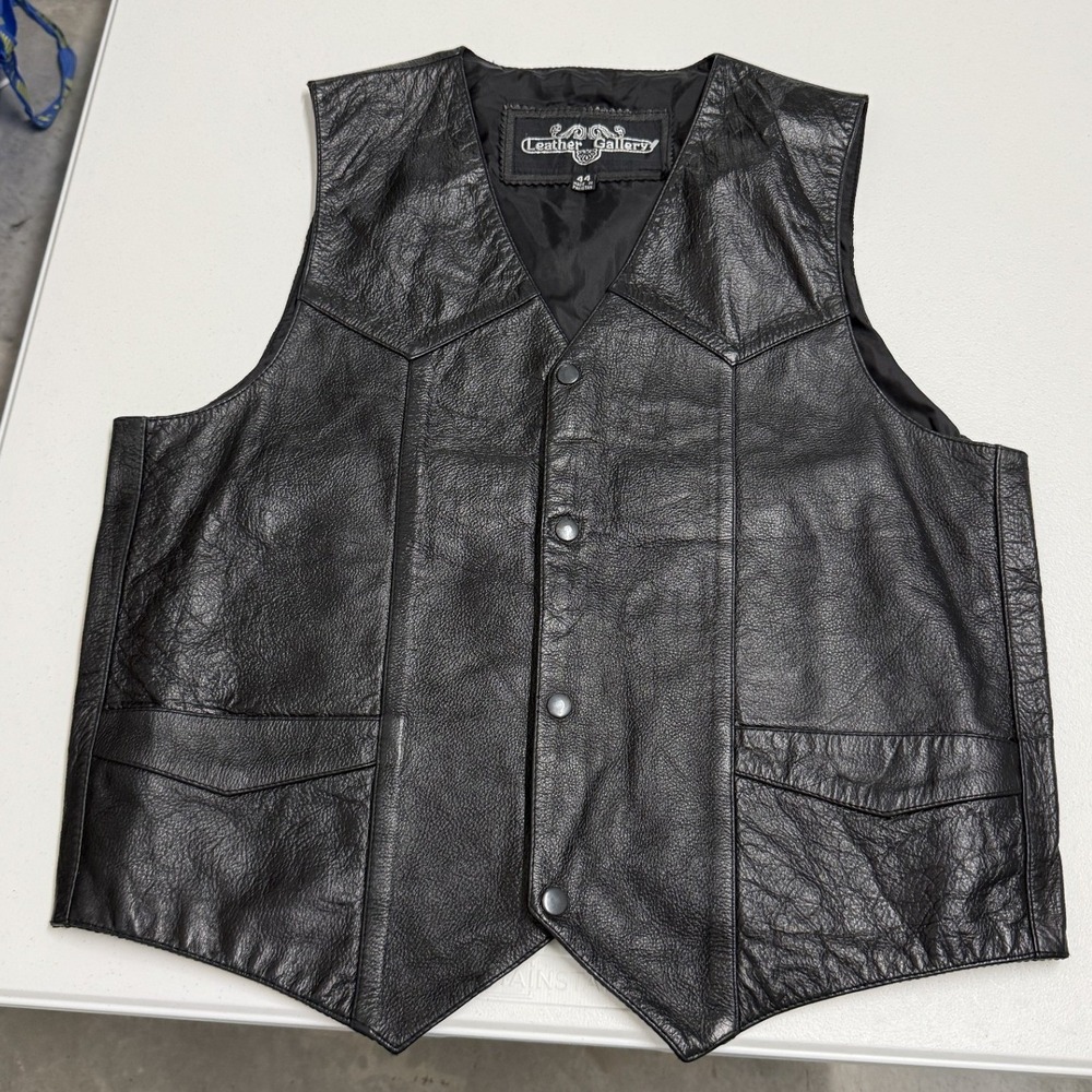 Leather Gallery Vest Mens 44 Black Excellent Snap Front Western Biker Leather